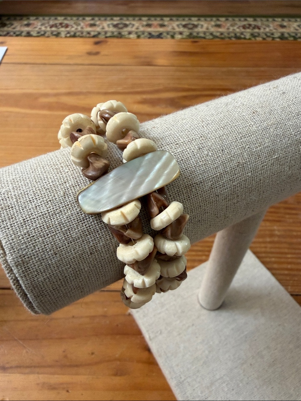 Shell/Mother of Pearl Cream and Brown Beaded Toggle Bracelet, 7”